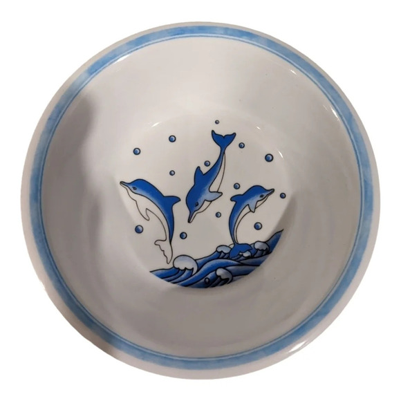 Mela-Ware Set of 2 Melamine Dolphin Kid's Bowls, Blue/White - Picture 2 of 4